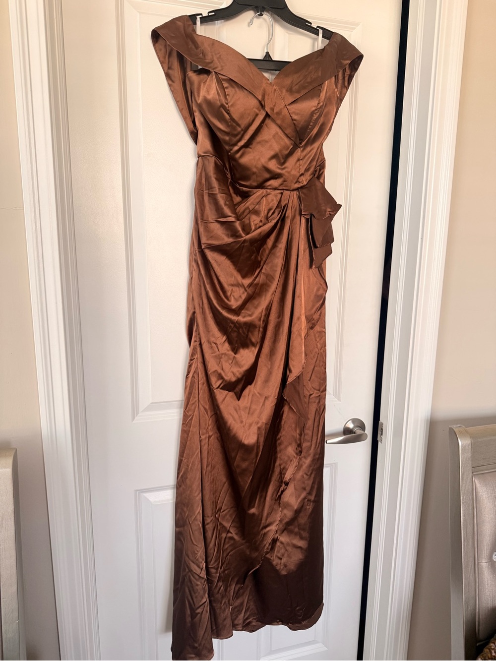 Elegant Brown Satin Evening Dress with Draped Waist